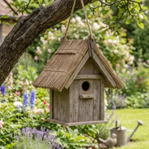 A decorative hanging gartendeko vogelhaus rustikal rohrdach attached to a tree branch.