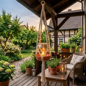 Hanging macrame lantern providing atmospheric gartendeko makramee hängedeko outdoor for summer evenings.