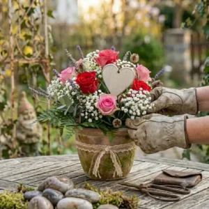 Ein festlich geschmückter Gartentisch mit Kerzen und einem üppigen gartendeko valentinstag blumen arrangement.