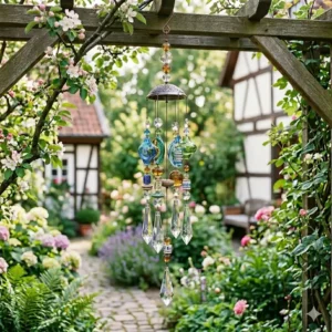 Farbenfrohes Glas-Windspiel im Garten, das im Wind klangschöne Töne erzeugt.