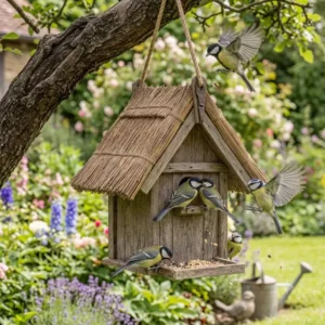 Small birds gathering around a gartendeko vogelhaus rustikal rohrdach for feeding.
