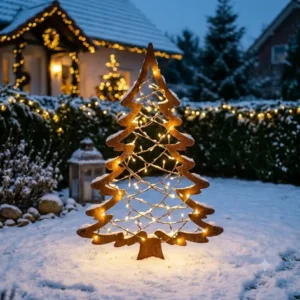 Ein moderner Edelrost-Tannenbaum mit LED-Lichterkette als gartendeko wetterfest weihnachtsfiguren im Beet