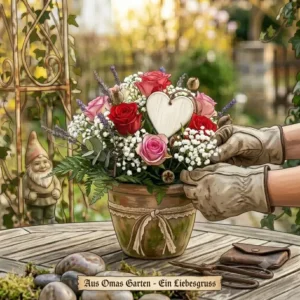 Einladende Gestaltung im Eingangsbereich des Hauses durch ein gartendeko valentinstag blumen arrangement mit roten Rosen.