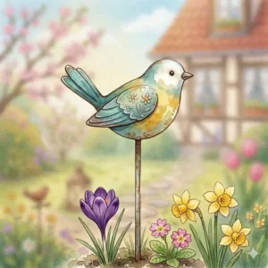 Illustration einer hängenden Futterstation für Vögel im frühlingshaften Garten.