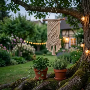 Boho-style gartendeko makramee hängedeko outdoor decoratively hung from a tree in the garden.