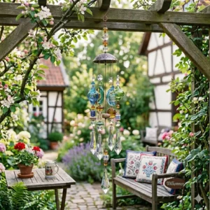 Klangschönes Windspiel aufgehängt auf einer gemütlichen Terrasse als Gartendeko.