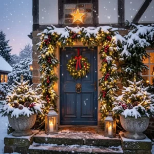 Einladender Hauseingang mit einem Weihnachtskranz, Laternen und gartendeko winterlich lichterketten warmweiß.