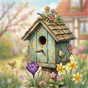 Vintage Gartendeko im Frühling mit einer alten Gießkanne und kleinen Dekovögeln.