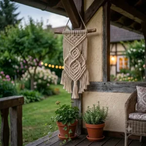 Large macrame wall hanging as cozy gartendeko makramee hängedeko outdoor wall decoration on a balcony.
