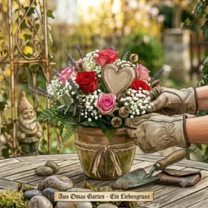 Rustikale und natürliche Dekoration auf einem Holzstamm mit einem gartendeko valentinstag blumen arrangement.