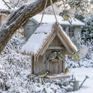 A beautiful winter scene featuring a snow-covered gartendeko vogelhaus rustikal rohrdach.