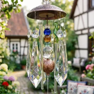 Detailaufnahme eines Windspiels im Garten für besonders klangschöne Melodien.