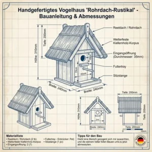 Technical dimensions and blueprint diagram for a gartendeko vogelhaus rustikal rohrdach.