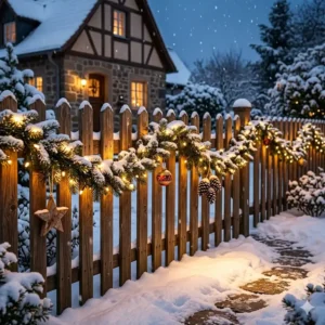 Ein verschneiter Gartenzaun geschmückt mit Tannenzweigen und gartendeko winterlich lichterketten warmweiß.