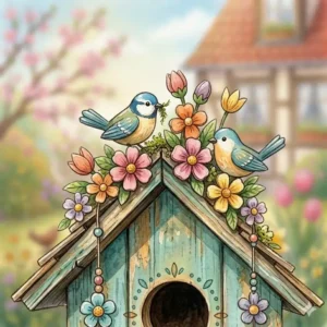 Frühlingshafte Fensterdeko und Balkondeko mit Blumen und kleinen Holzvögeln.