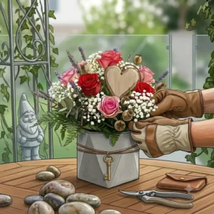Minimalistischer und moderner Garten im Vorfrühling akzentuiert durch ein gartendeko valentinstag blumen arrangement.