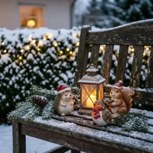 Kleine winterliche Keramik-Tiere auf einer Holzbank als gartendeko wetterfest weihnachtsfiguren dekoriert