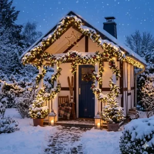 Ein kleines romantisches Gartenhaus beleuchtet mit gartendeko winterlich lichterketten warmweiß in der Dämmerung.