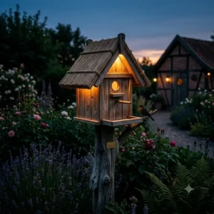A gartendeko vogelhaus rustikal rohrdach illuminated with warm light in the evening garden.