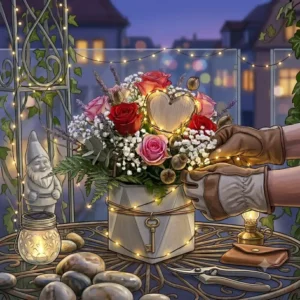 Stimmungsvolle Gartenbeleuchtung am Abend mit Lichterketten rund um das gartendeko valentinstag blumen arrangement