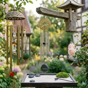 Feng Shui Windspiel im Zen-Garten für harmonische und klangschöne Momente.