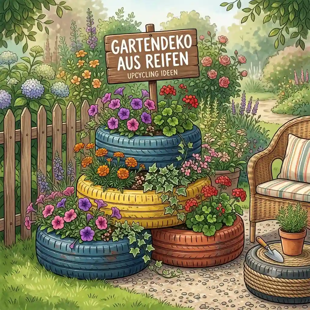 A vibrant featured image showcasing colorful stacked tire planters filled with blooming flowers as gartendeko aus reifen upcycling ideen.