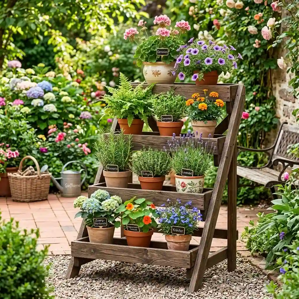 Featured image of a lush garden displaying a gartendeko pflanzenständer holz mehrstöckig with various flowers.