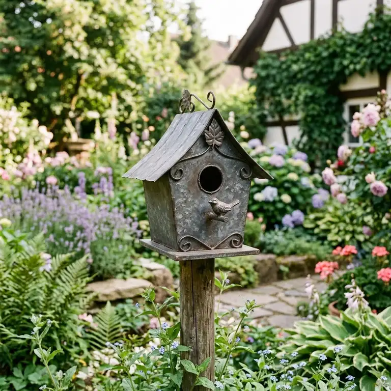 A beautiful garden corner featuring a detailed gartendeko vogelhäuschen metall wetterfest on a wooden post.