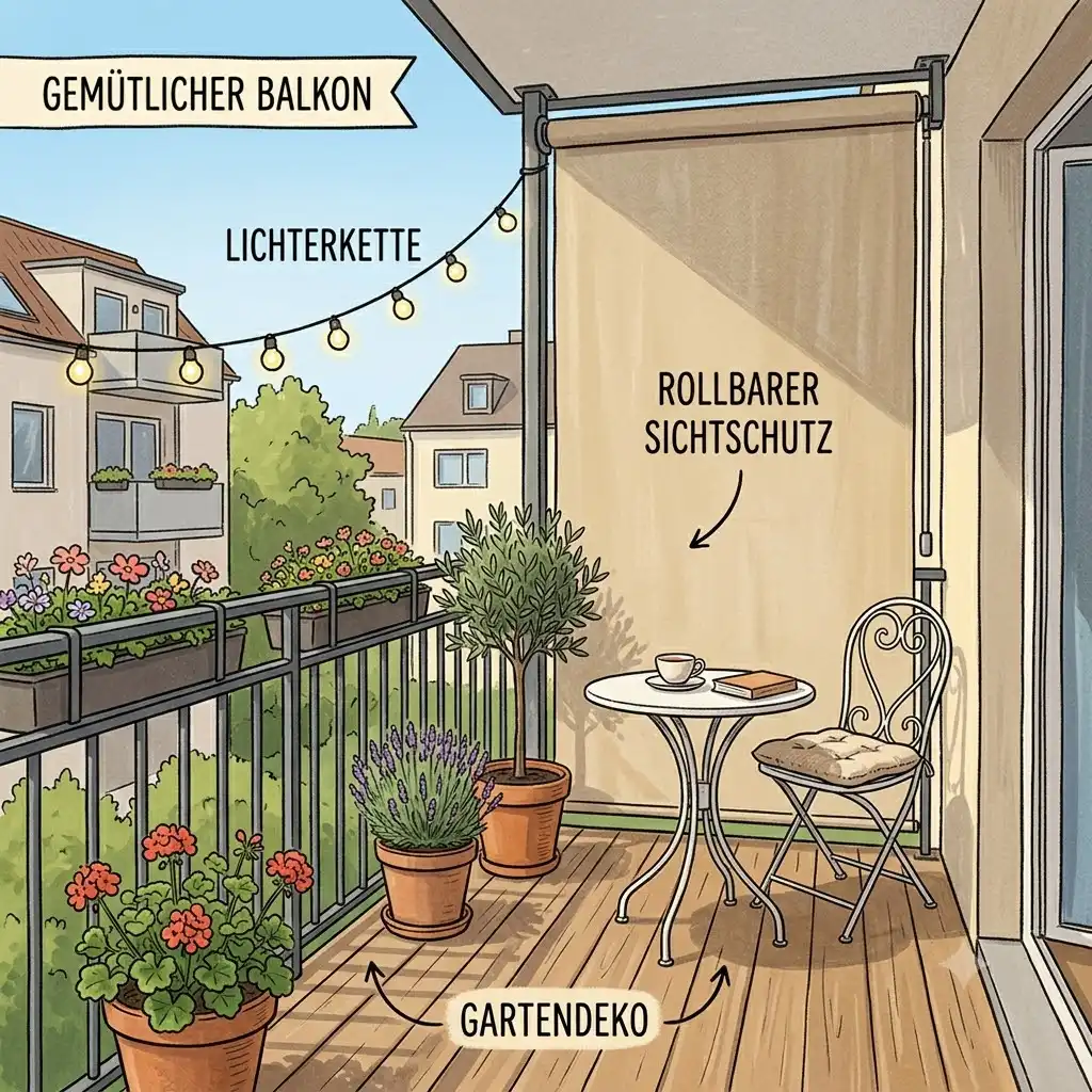 A cozy balcony setup featuring beautiful gartendeko and a rollable vertical blind for gartendeko balkon sichtschutz rollbar sun protection.