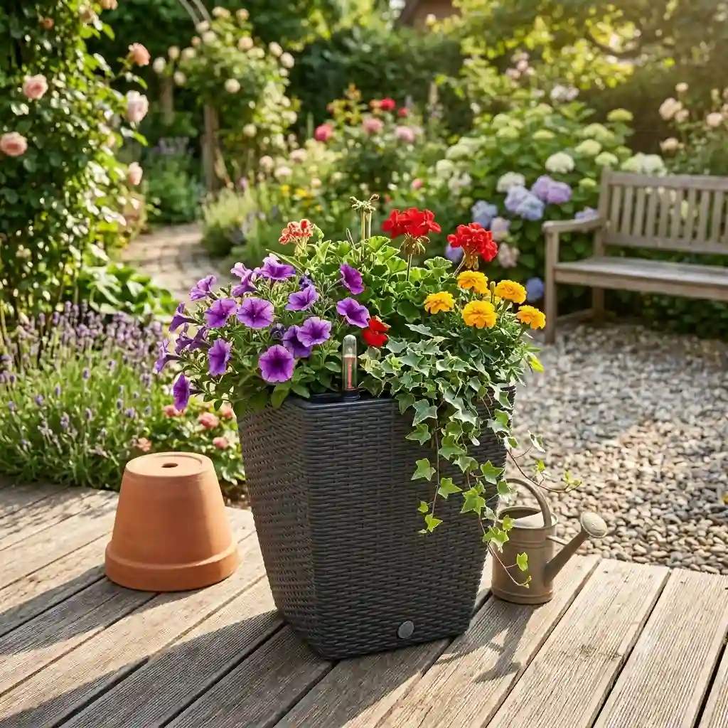 A stylized garden terrace featuring a modern gartendeko blumentopf mit bewässerungssystem as the centerpiece.