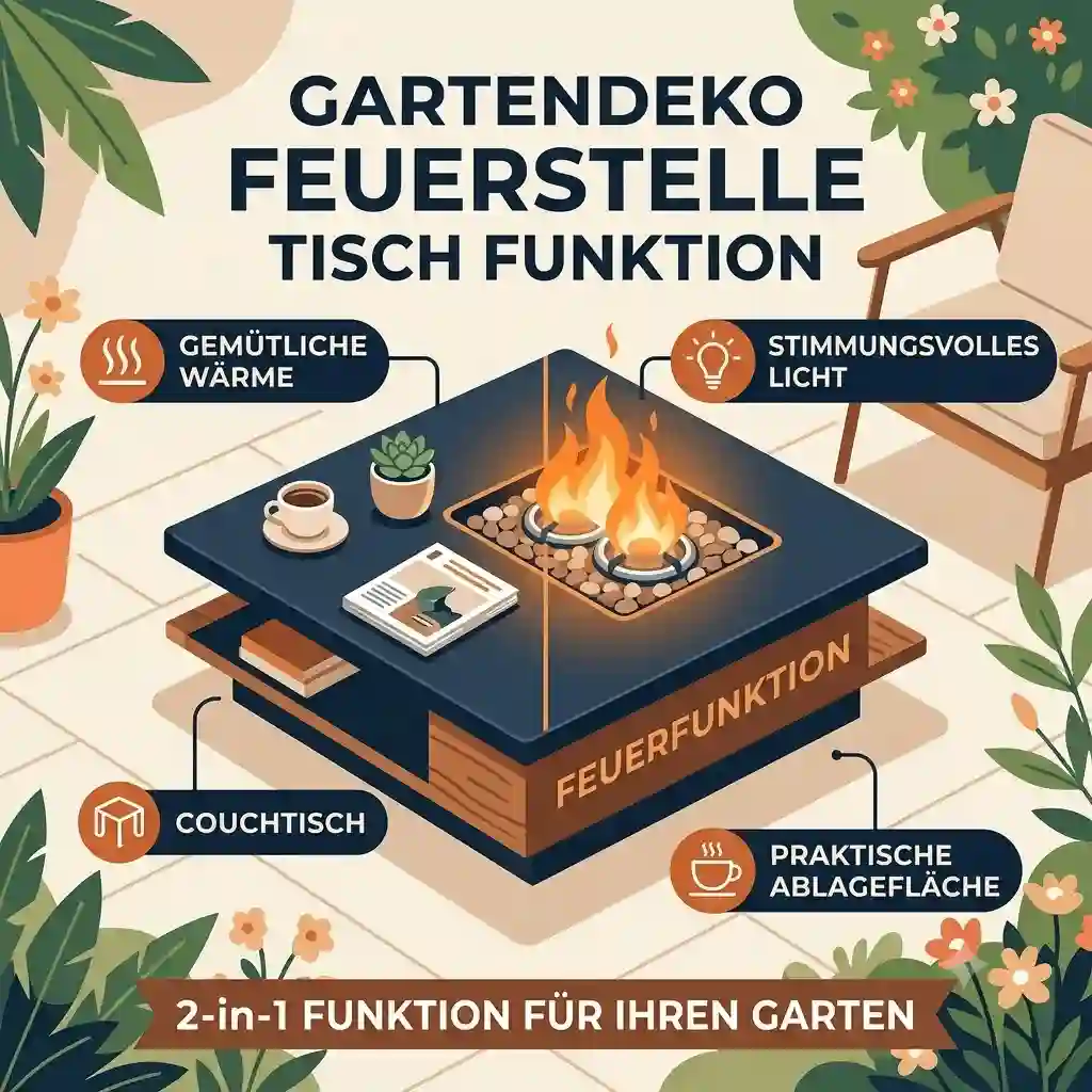 A modern terrace scene featuring a gartendeko feuerstelle tisch funktion to create a cozy evening atmosphere.