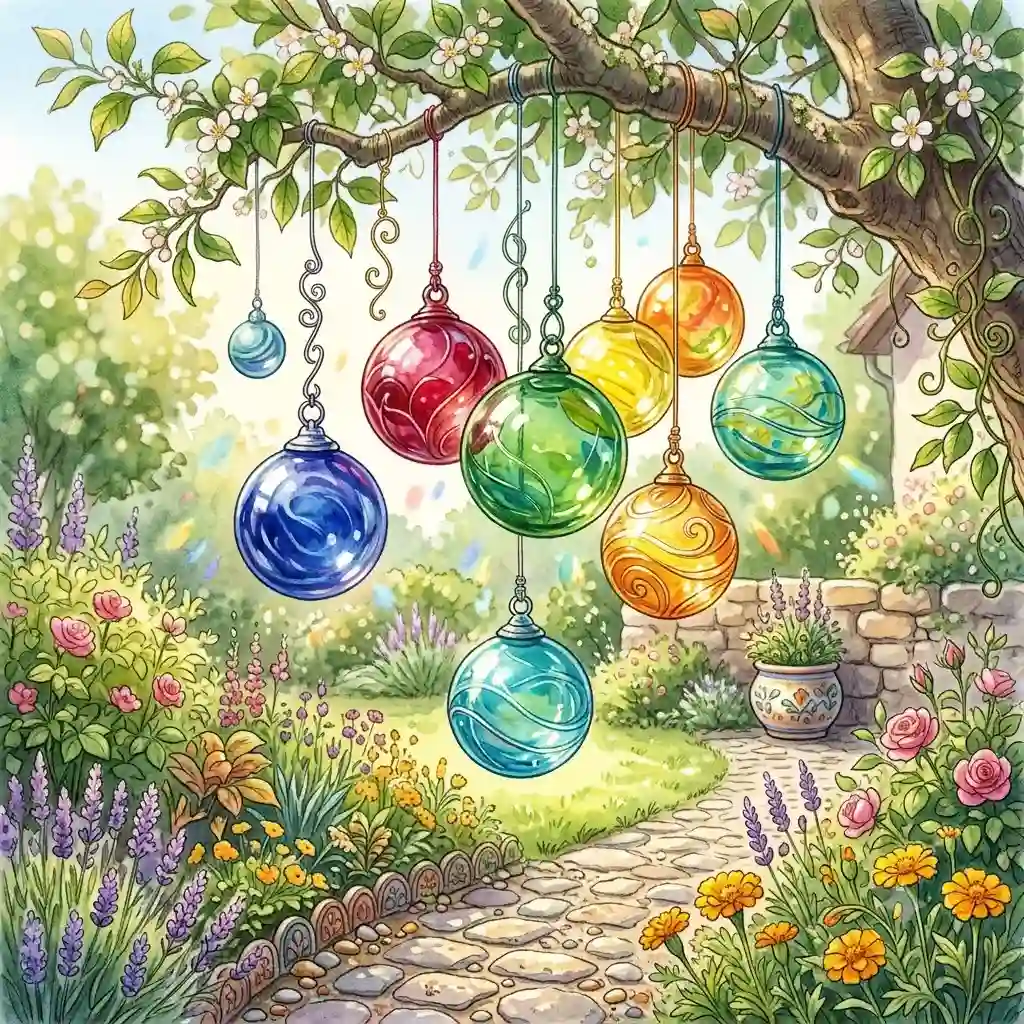Gärtnerische Gestaltung mit gartendeko glaskugeln hängend farbig für den Garten.