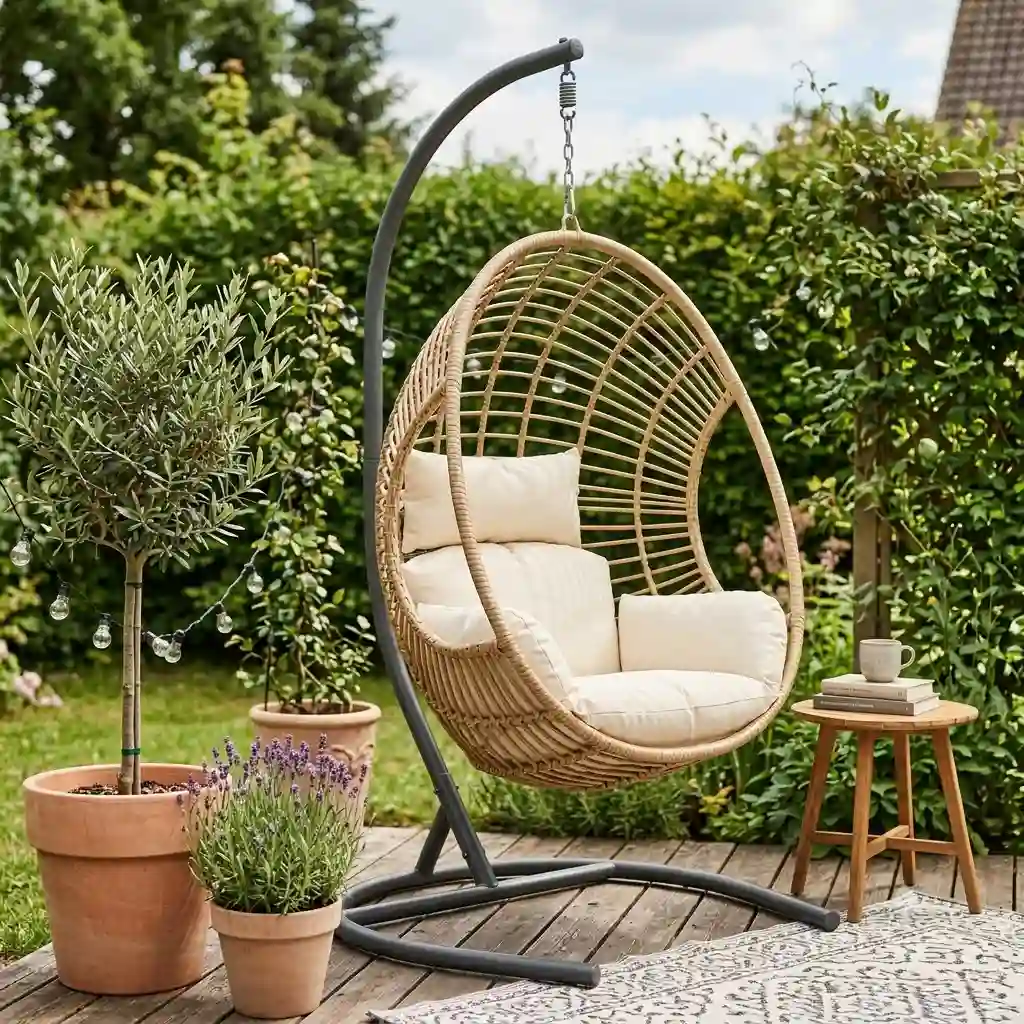 A beautifully decorated garden scene featuring a gartendeko hängesessel mit gestell outdoor, complete with string lights and lush plants.
