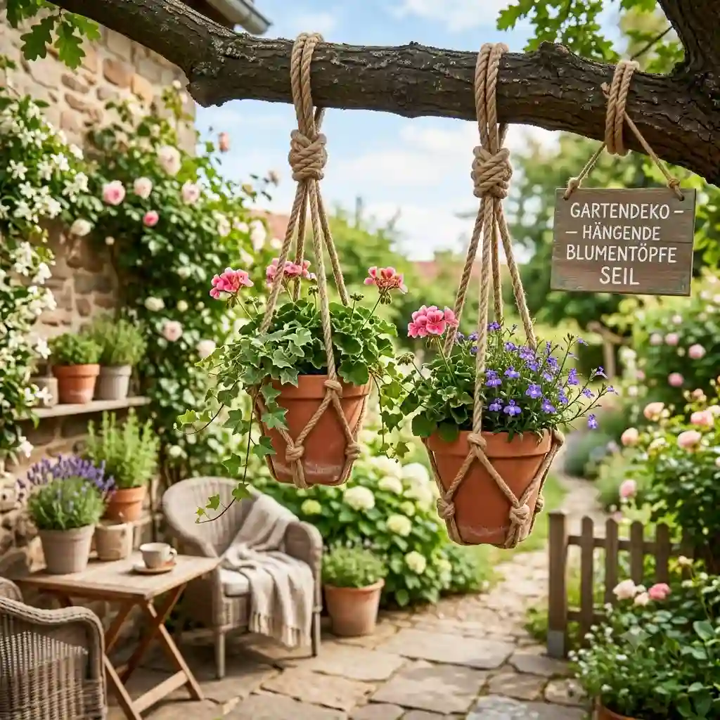 Stylish garden decoration with hanging flower pots on a sturdy rope on a cozy terrace.gartendeko hängende blumentöpfe seil