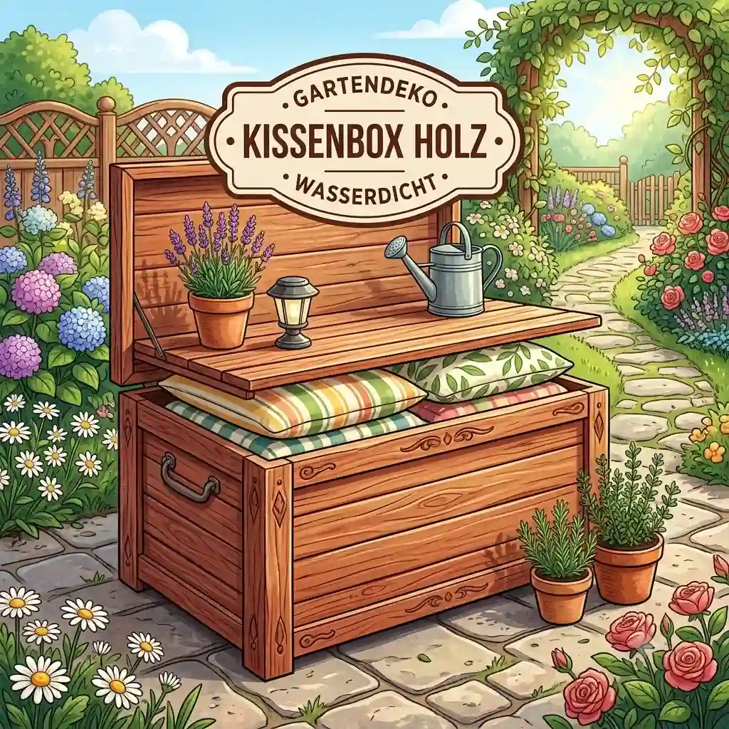 Waterproof wooden cushion box as a stylish garden decor on a modern terrace.gartendeko kissenbox holz wasserdicht