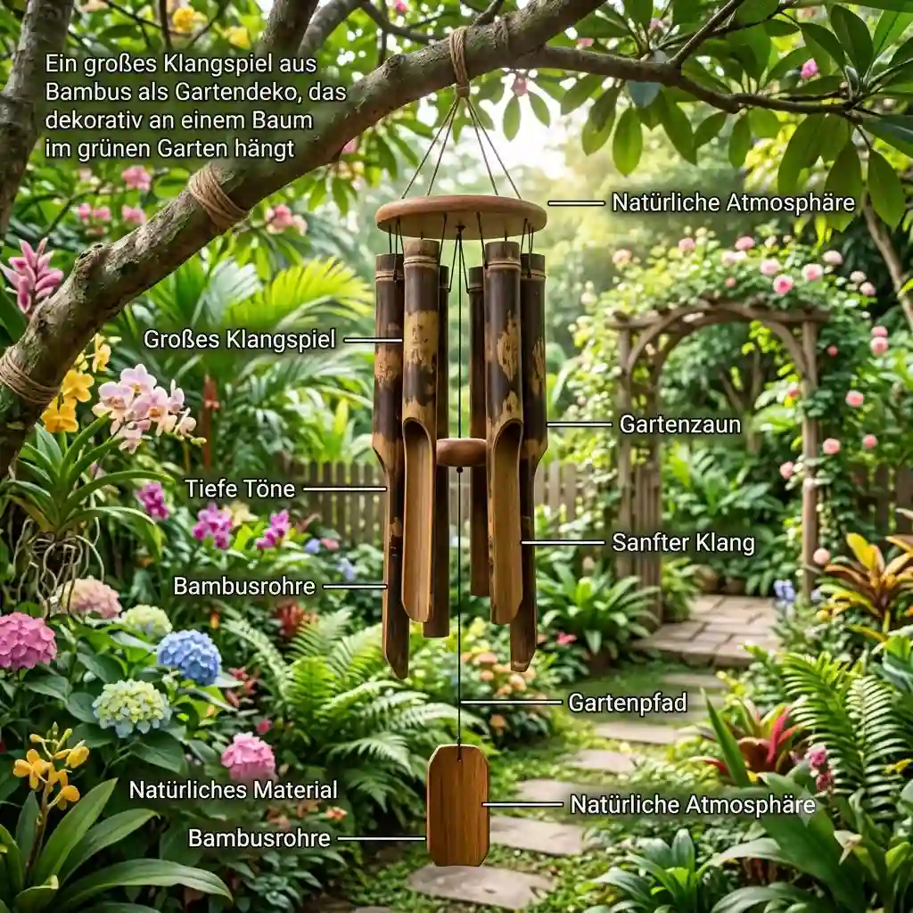 A large bamboo wind chime (gartendeko klangspiel bambus groß) hanging decoratively on a tree in a lush green garden.