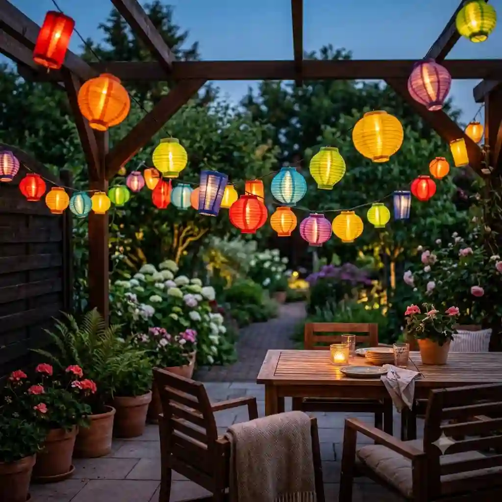 1-gartendeko lampion lichterkette bunt in a beautifully decorated garden setting at dusk.