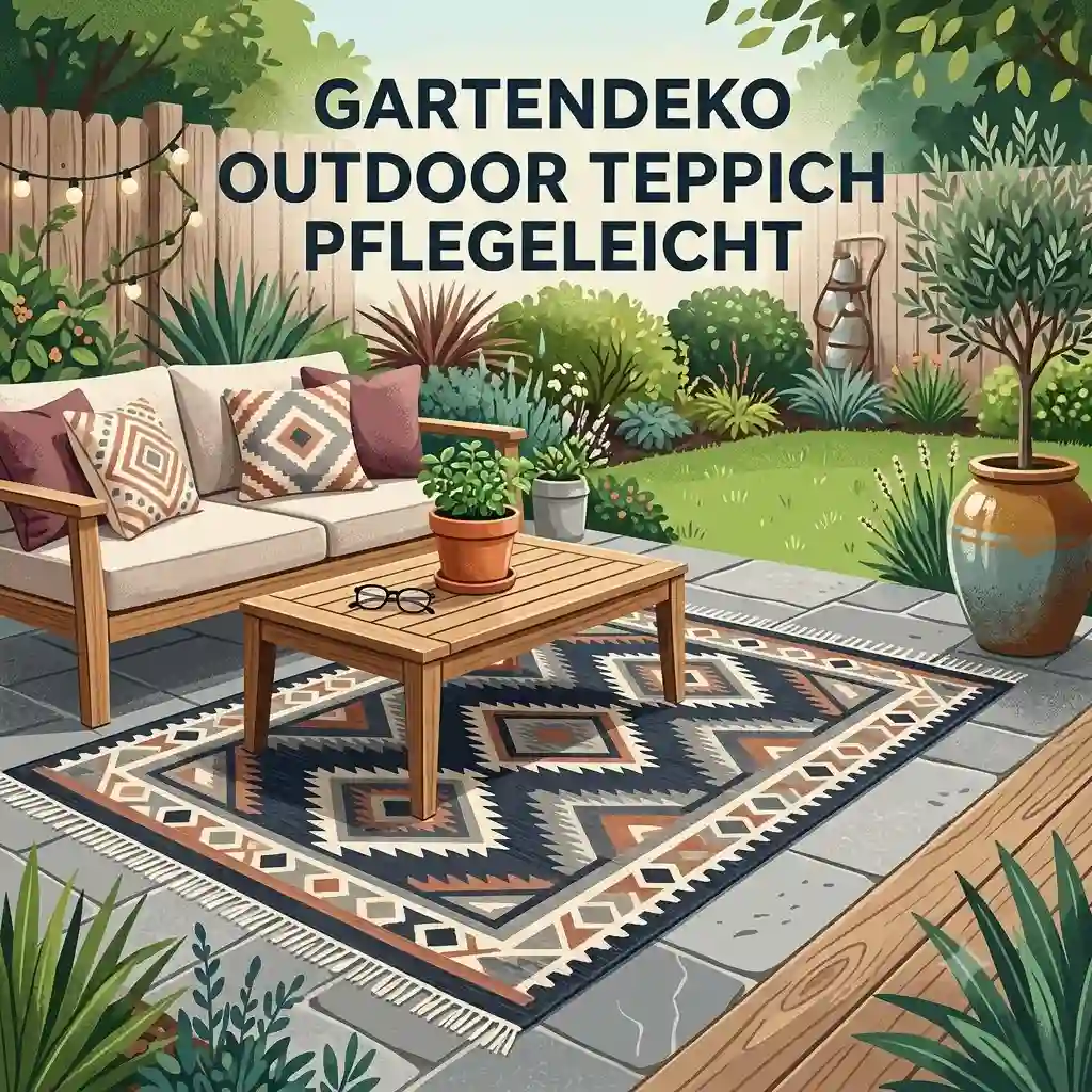 Stylish garden decoration featuring a gartendeko outdoor teppich pflegeleicht on a modern terrace.