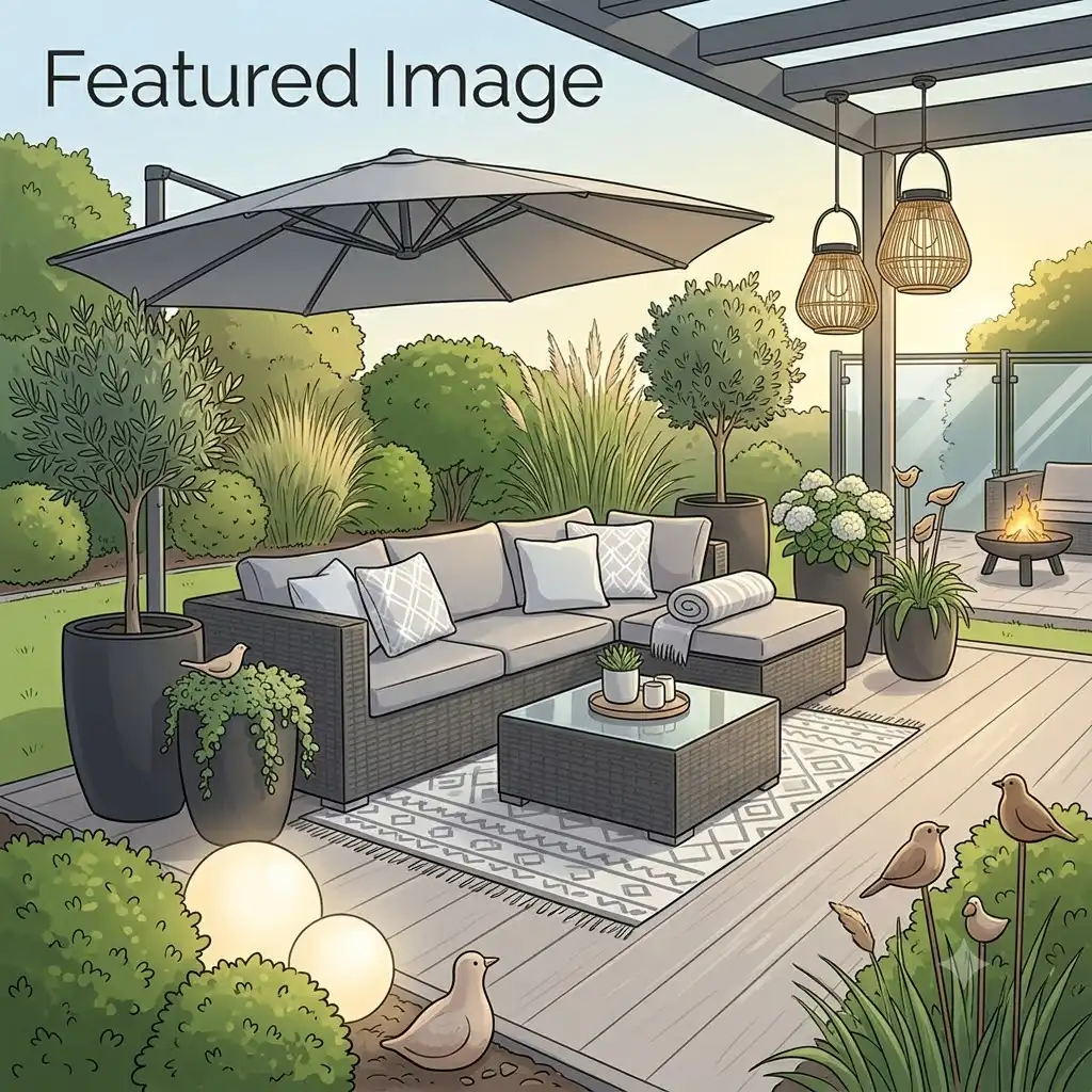 A cozy patio scene featuring a full gartendeko sitzgruppe polyrattan modern with pampas grass and glowing lights at dusk.