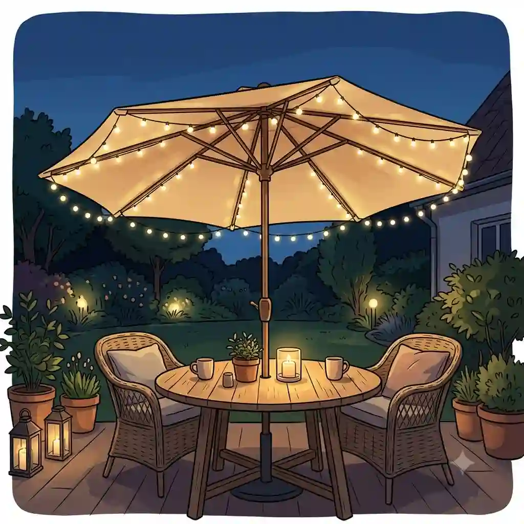Ein großer, gemütlicher Gartentisch am Abend unter einem Sonnenschirm mit warmweißer LED-Beleuchtung im modern gestalteten Garten. gartendeko sonnenschirm beleuchtet