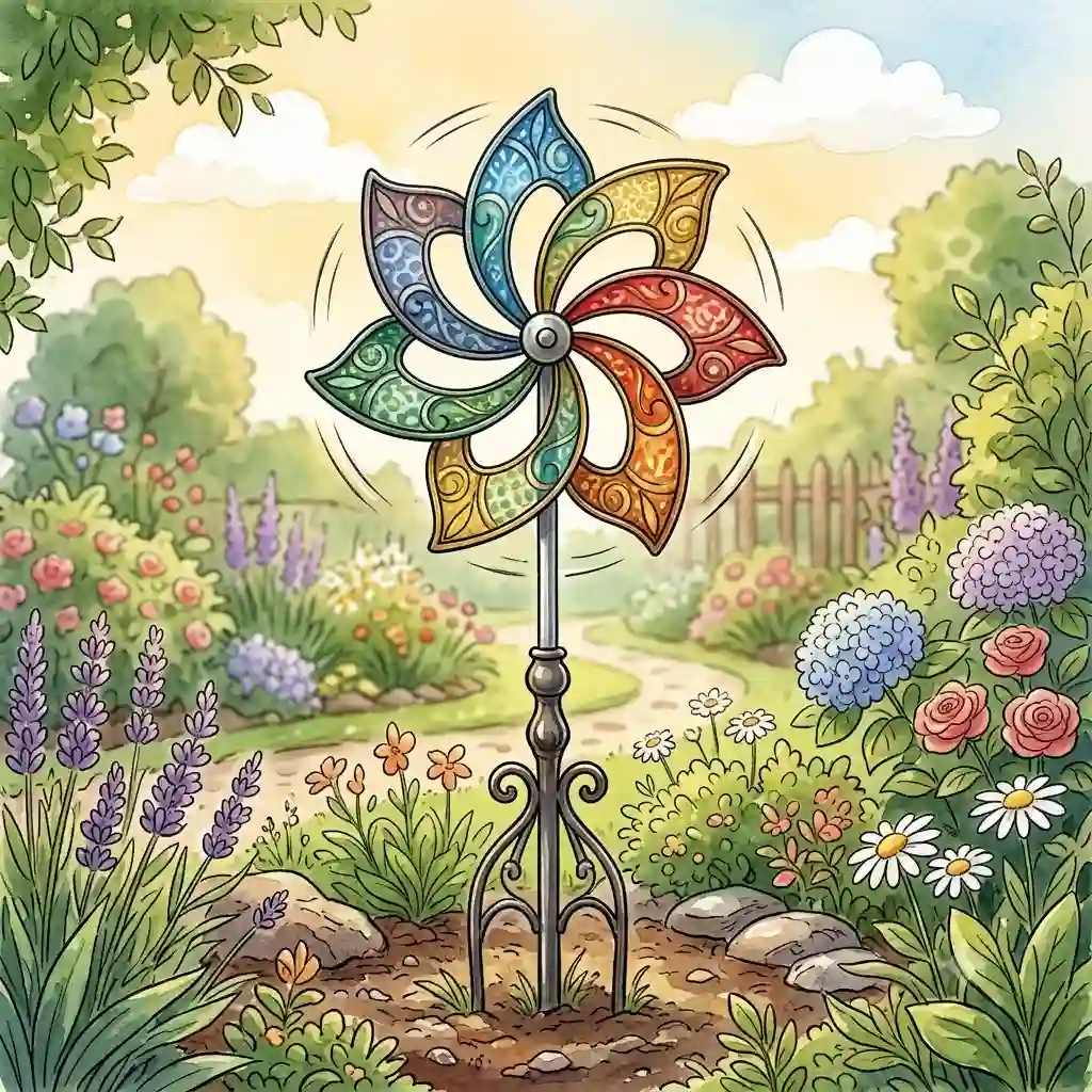 A vibrant and colorful gartendeko windrad gartenstecker spinning in a blooming garden bed.