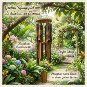 A sketch showing dimensions for the large bamboo wind chime (klangspiel bambus groß) for garden decoration.
