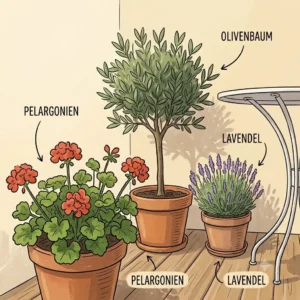 Illustration of a modern balcony with minimalist decor and a sleek gray gartendeko balkon sichtschutz rollbar providing privacy.
