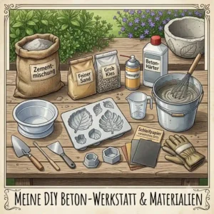 An overview of the materials and tools like cement and molds needed for the gartendeko diy beton gießen anleitung.