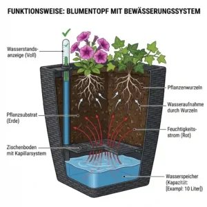 A technical cross-section diagram illustrating how the gartendeko blumentopf mit bewässerungssystem reservoir and capillary system function.