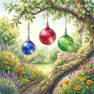 Bunte gartendeko glaskugeln hängend farbig, die an einem Baumzweig angebracht sind.