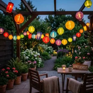 2-cozy seating area enhanced by gartendeko lampion lichterkette bunt for a warm atmosphere.