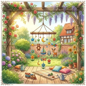Natürliche gartendeko mobile kinderzimmer outdoor aus Holz im Garten.