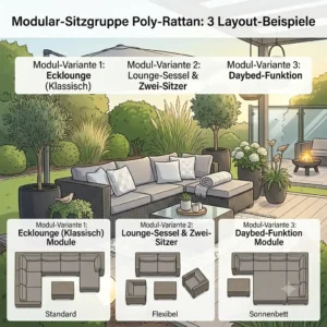 A diagram illustrating three different modular layout options for a gartendeko sitzgruppe polyrattan modern.