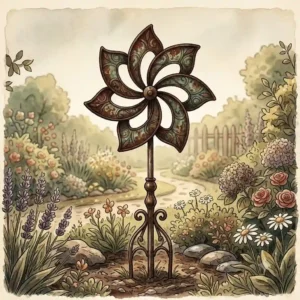 A rustic metal and vintage style gartendeko windrad gartenstecker with a beautiful patina finish.